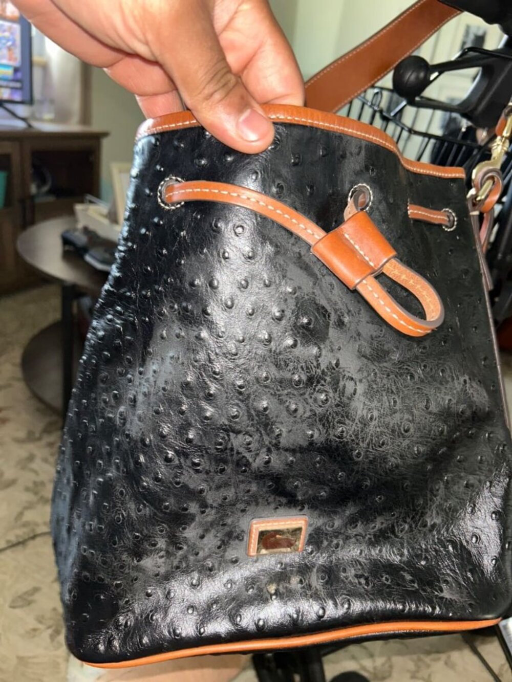 Dooney & Bourke Ostrich Embossed Drawstring Bag Black / British Tan trim / Gold…